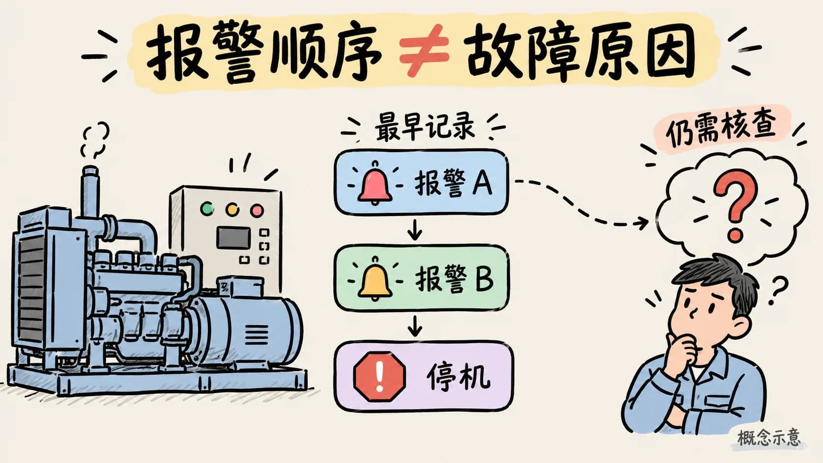 发电机组跳机后，屏幕上那一串报警该从哪里读起