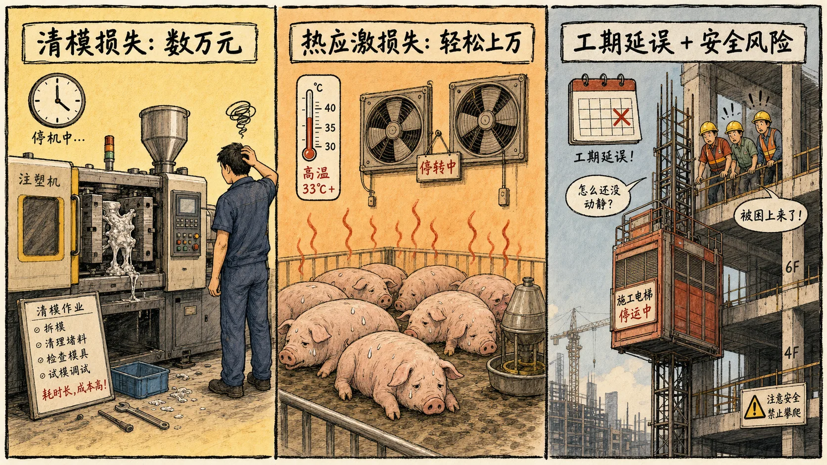 停电代价三场景:工厂/养殖场/工地