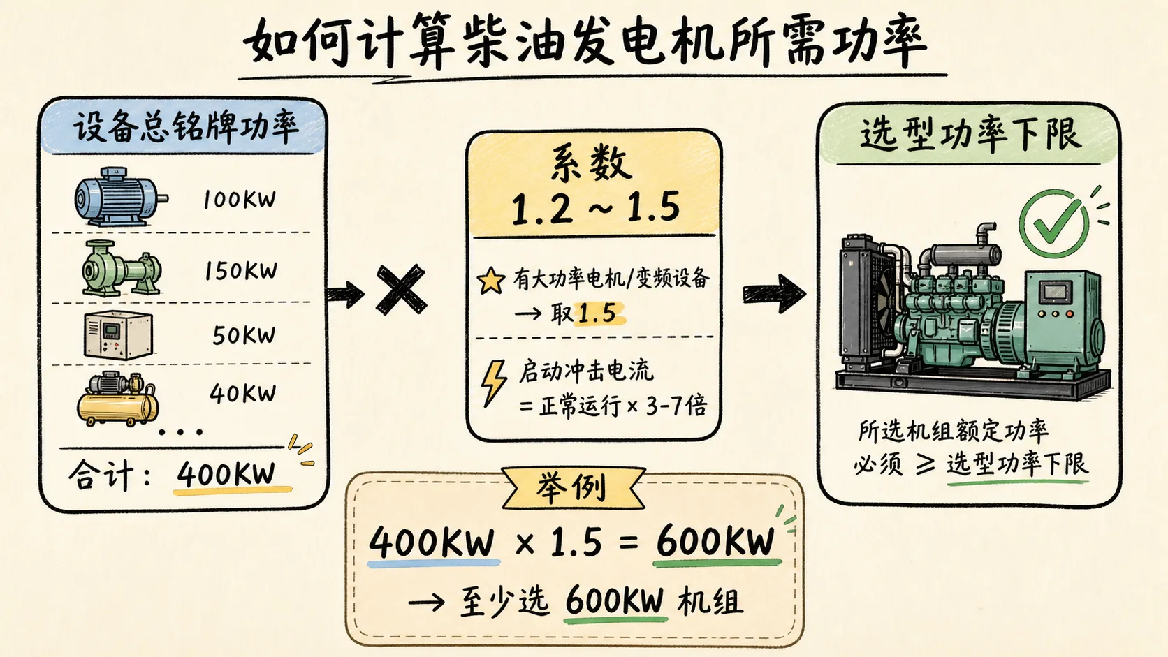 功率计算示意图:总功率×系数=选型下限