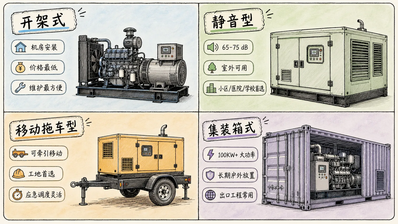 四种结构类型对比:开架式/静音型/移动拖车/集装箱式