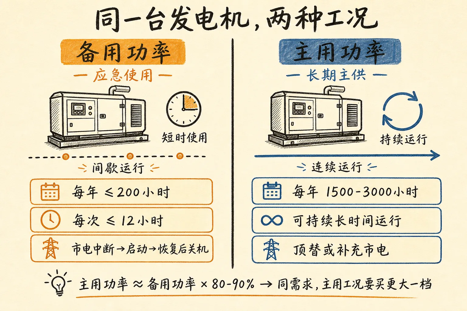 备用功率vs主用功率对比:应急偶发 vs 长期主供,同一台机不同工况