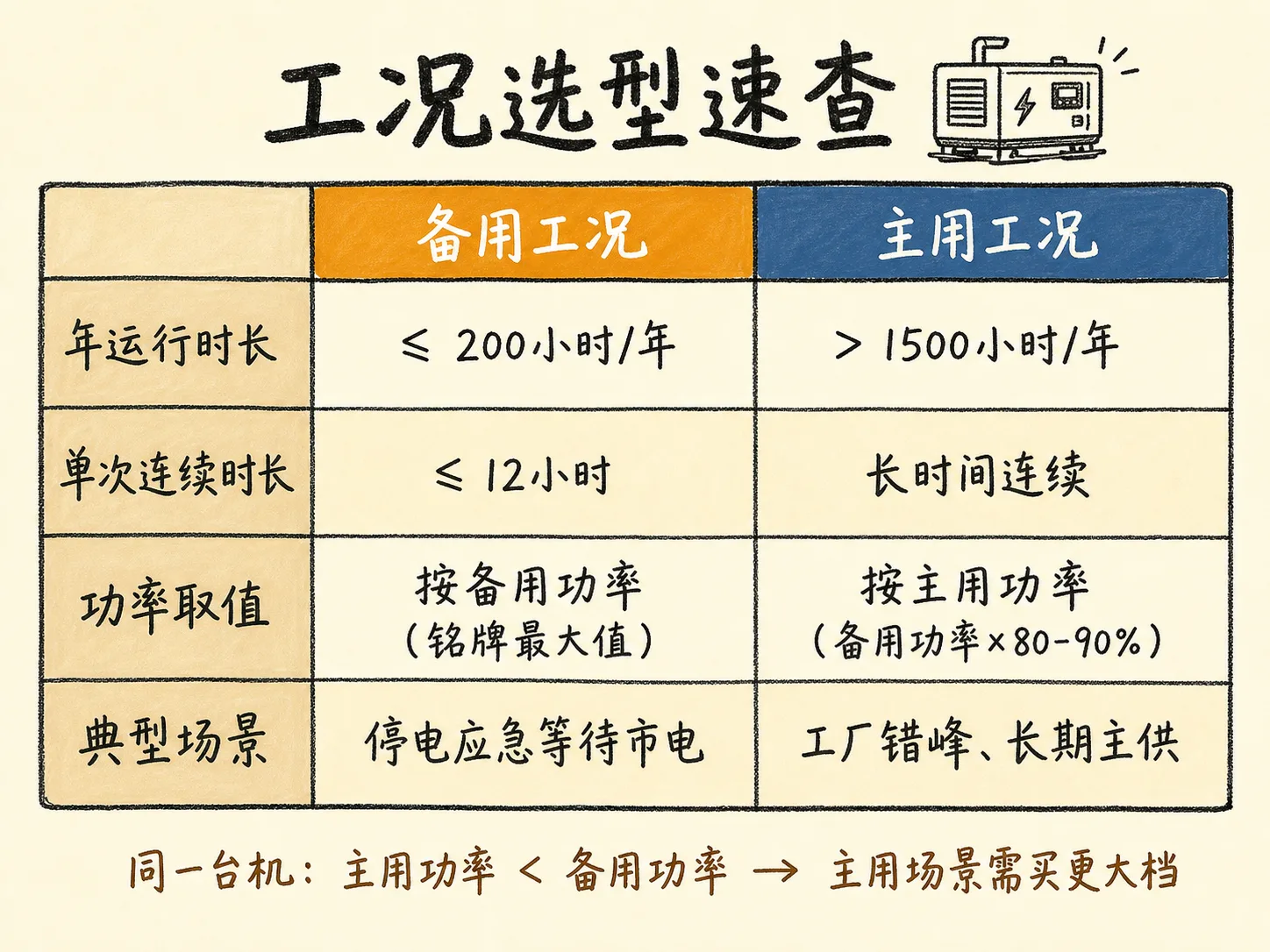 工况选型速查表:备用工况 vs 主用工况对比(年运行时长/单次时长/功率取值/典型场景)