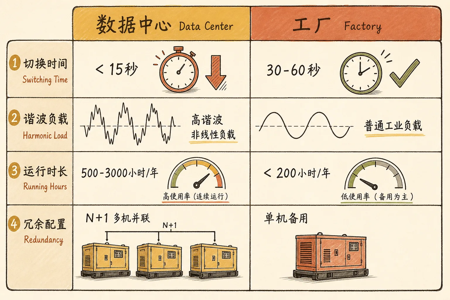 数据中心与工厂备电四项关键差异对比