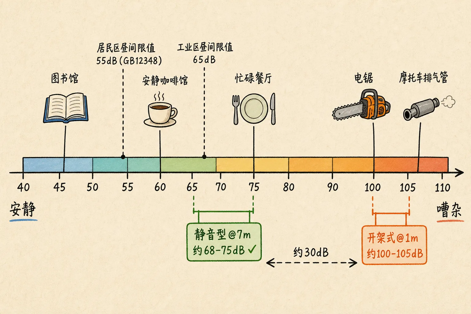 噪音量级对比数轴：静音型vs开架式vs日常参照