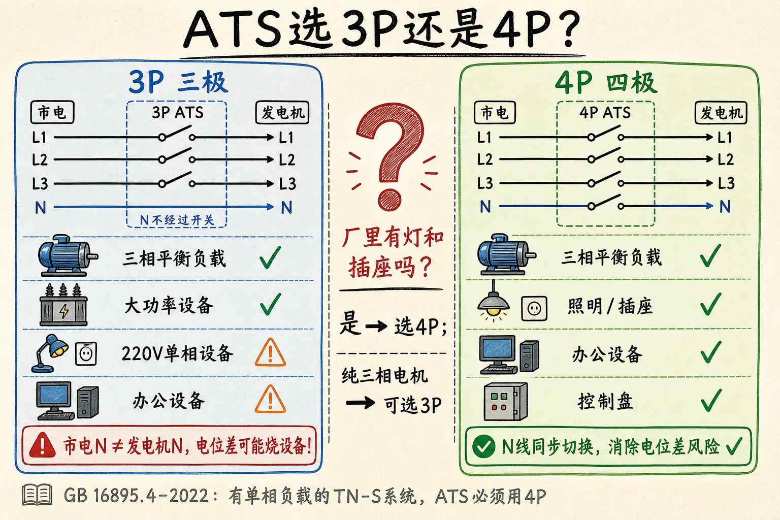 ATS选3P还是4P:接线差异与选型指南