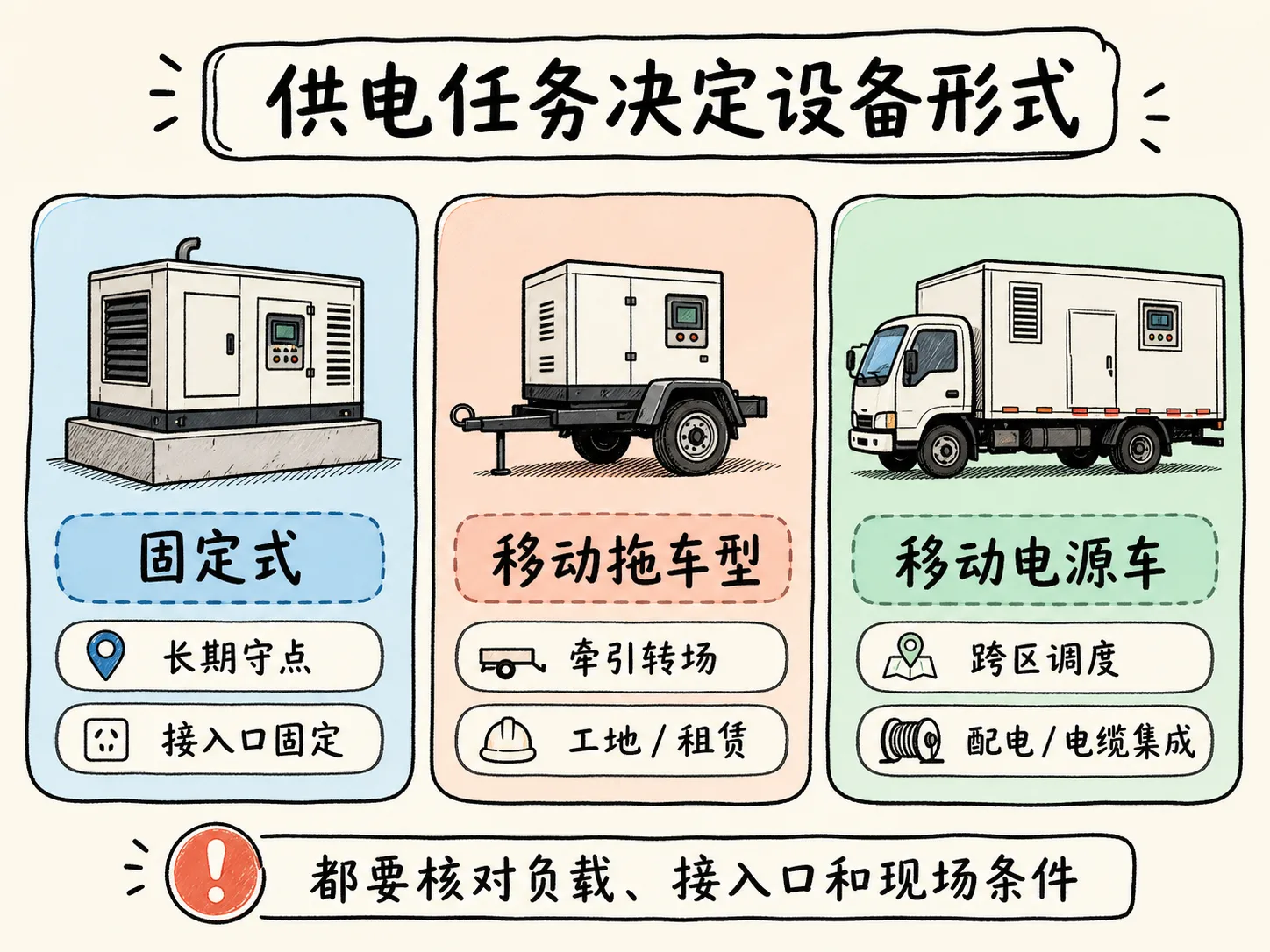 固定式、移动拖车型和移动电源车选型对比