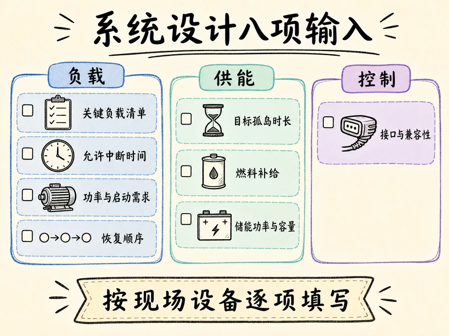 关键负载供电系统八项设计输入信息图