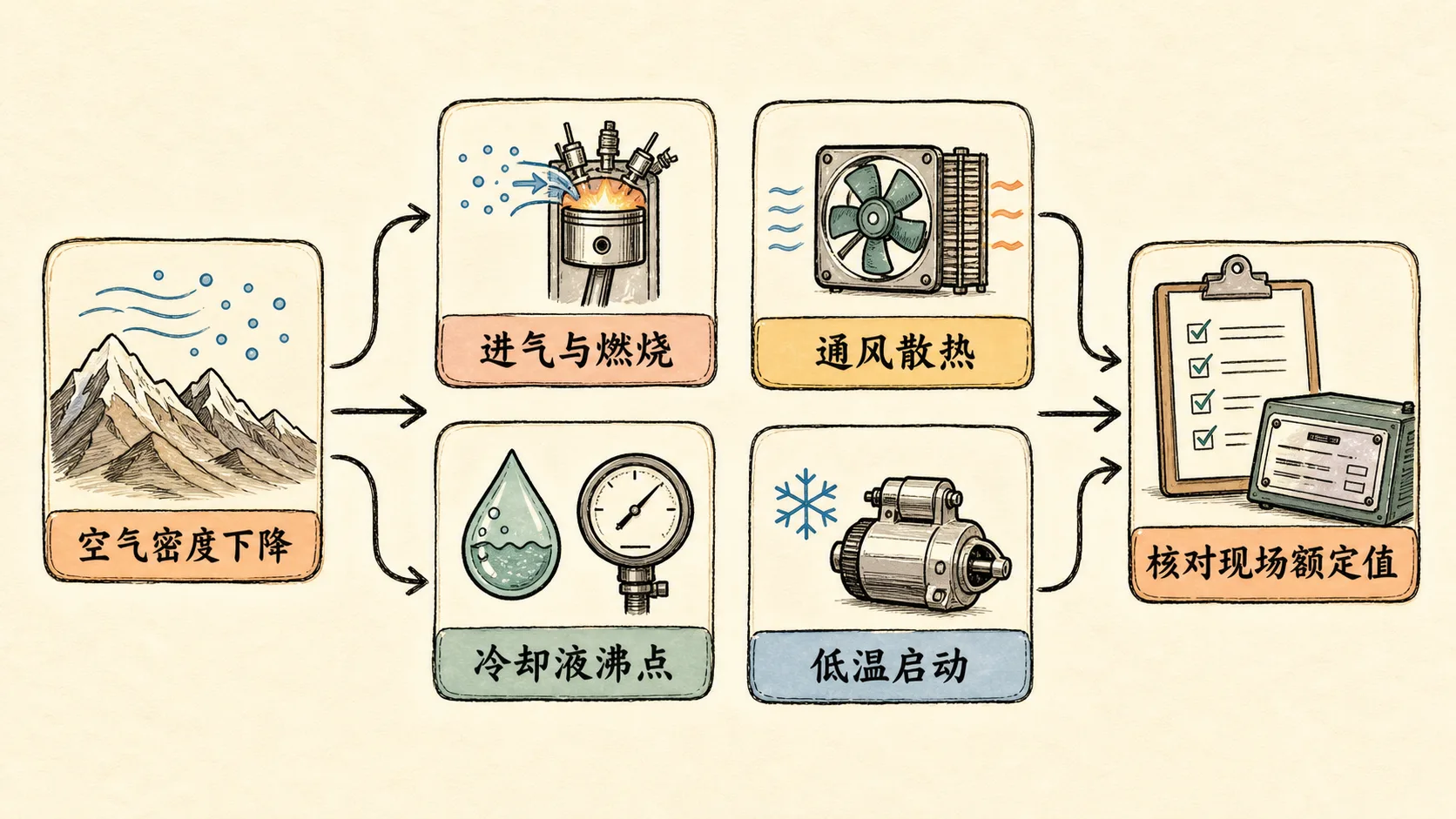 高海拔对机组燃烧、散热、沸点和启动的影响路径