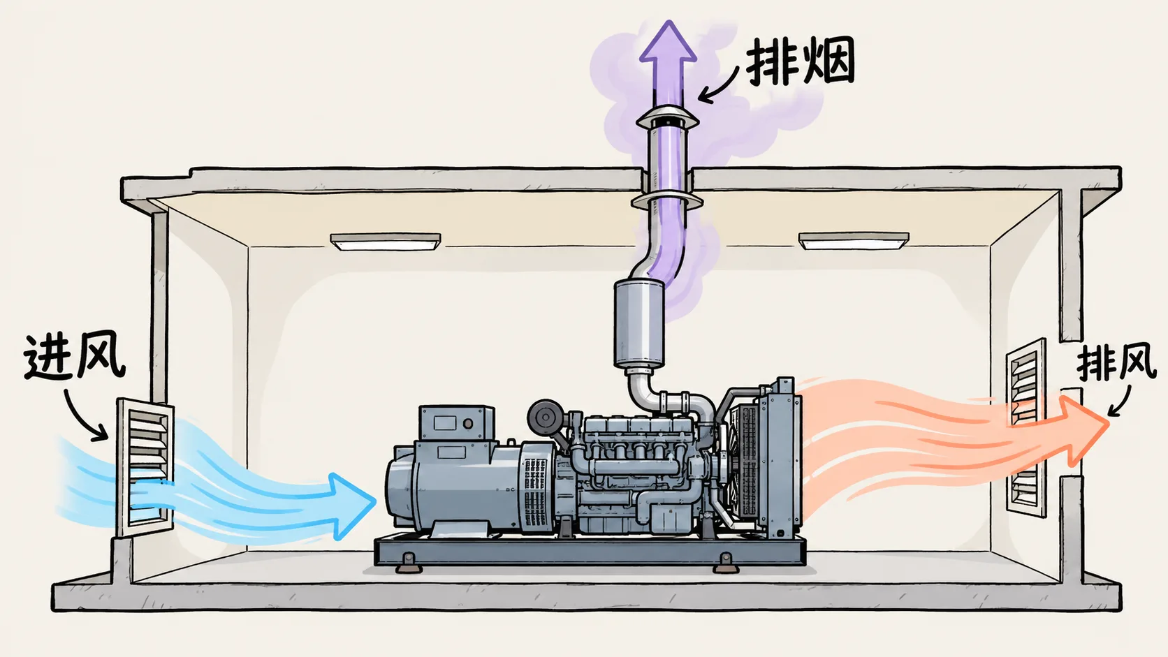 AI生成示意图：机组进风、排风与排烟路径