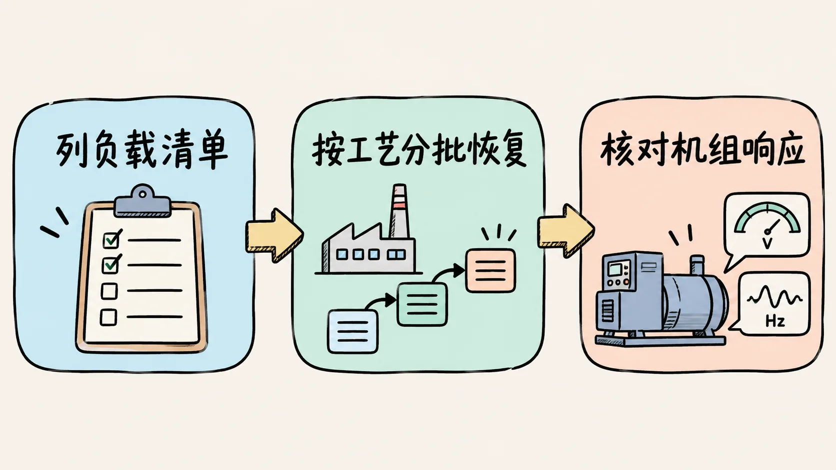 AI生成示意图：按现场工艺分批恢复负载的核对流程