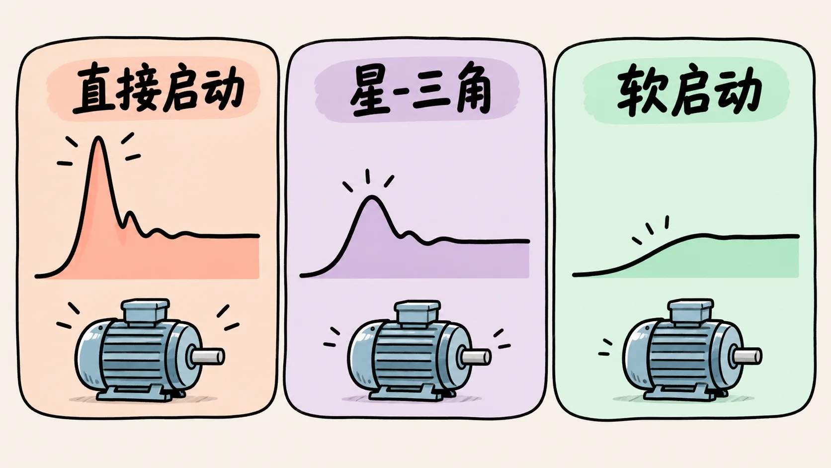 AI生成概念示意图：直接启动、星三角启动和软启动的冲击形式对比，非实测曲线