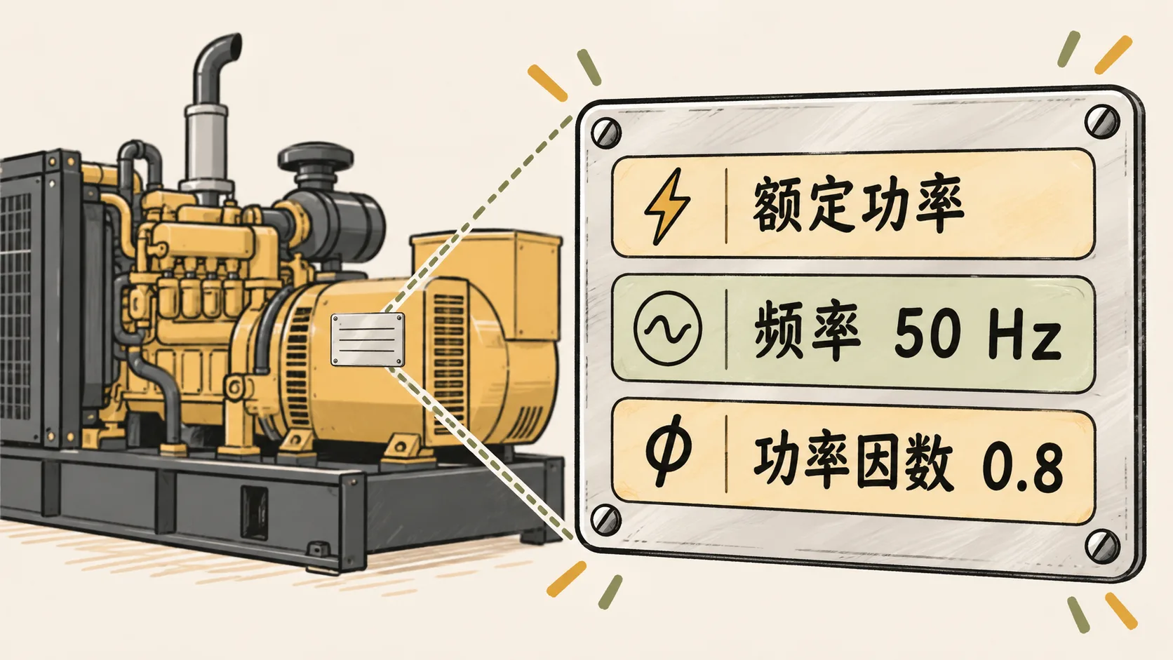 发电机组铭牌上额定功率、50 Hz频率和0.8功率因数示意图