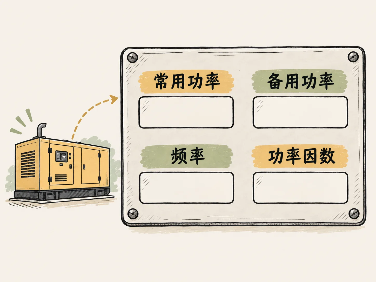 发电机组铭牌上常用功率、备用功率、频率和功率因数位置示意图