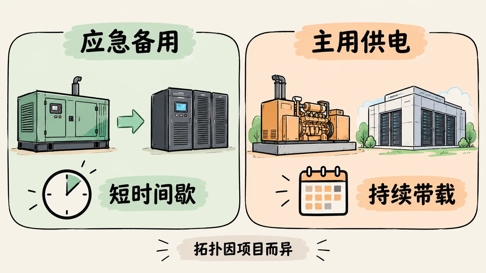 数据中心应急备用与现场主用供电角色对比示意图