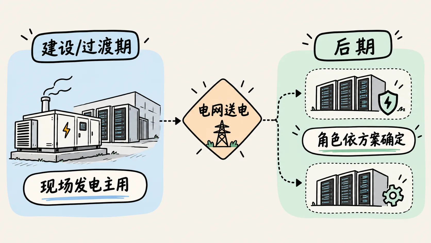 现场发电从建设过渡期到电网送电后的角色选择示意图