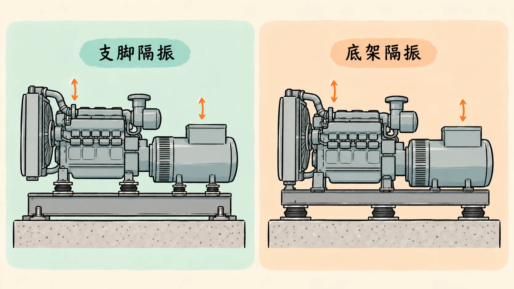 示意图：支脚隔振与底架隔振位置对比
