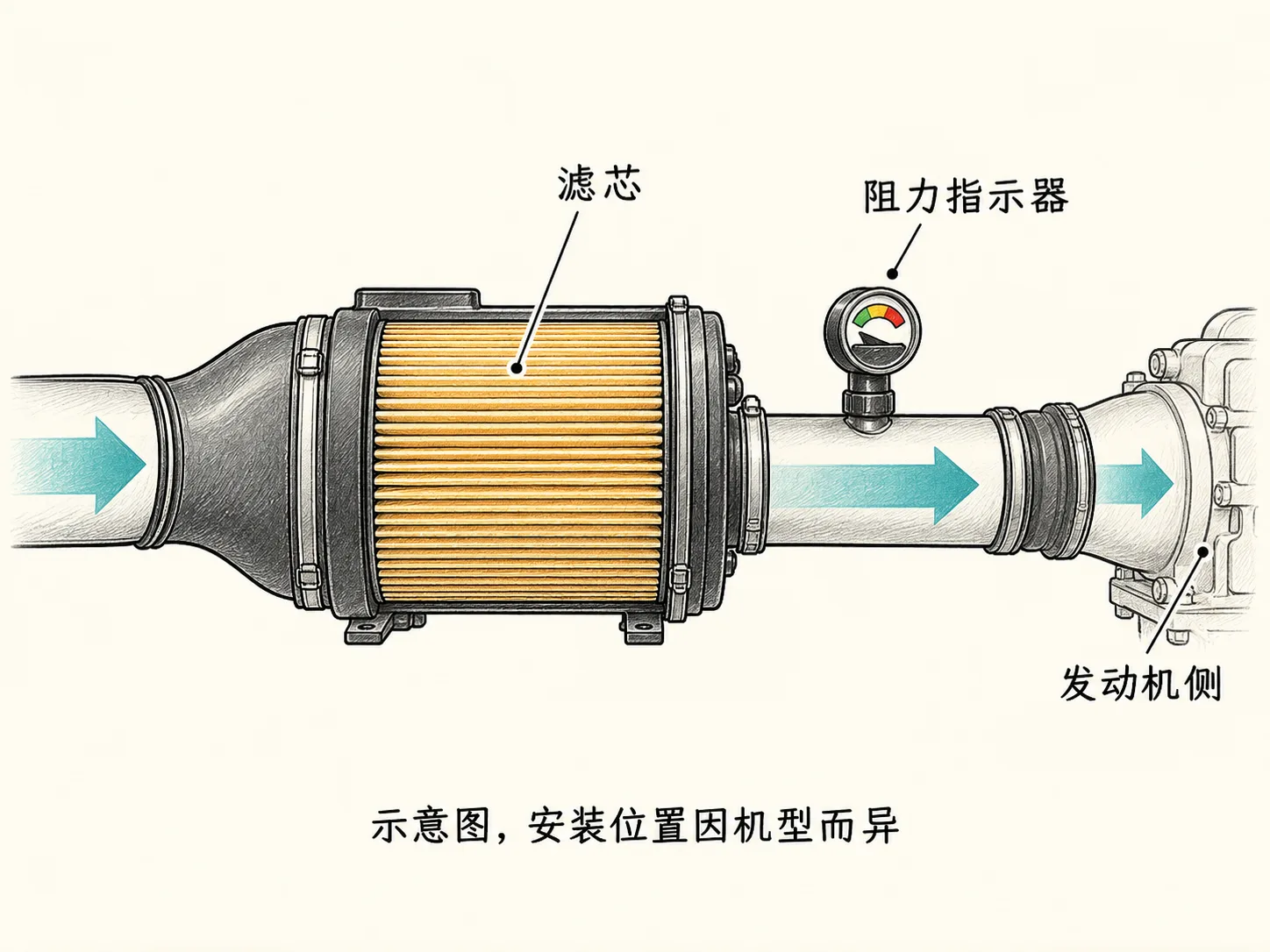 示意图：进气阻力指示器位于滤芯下游