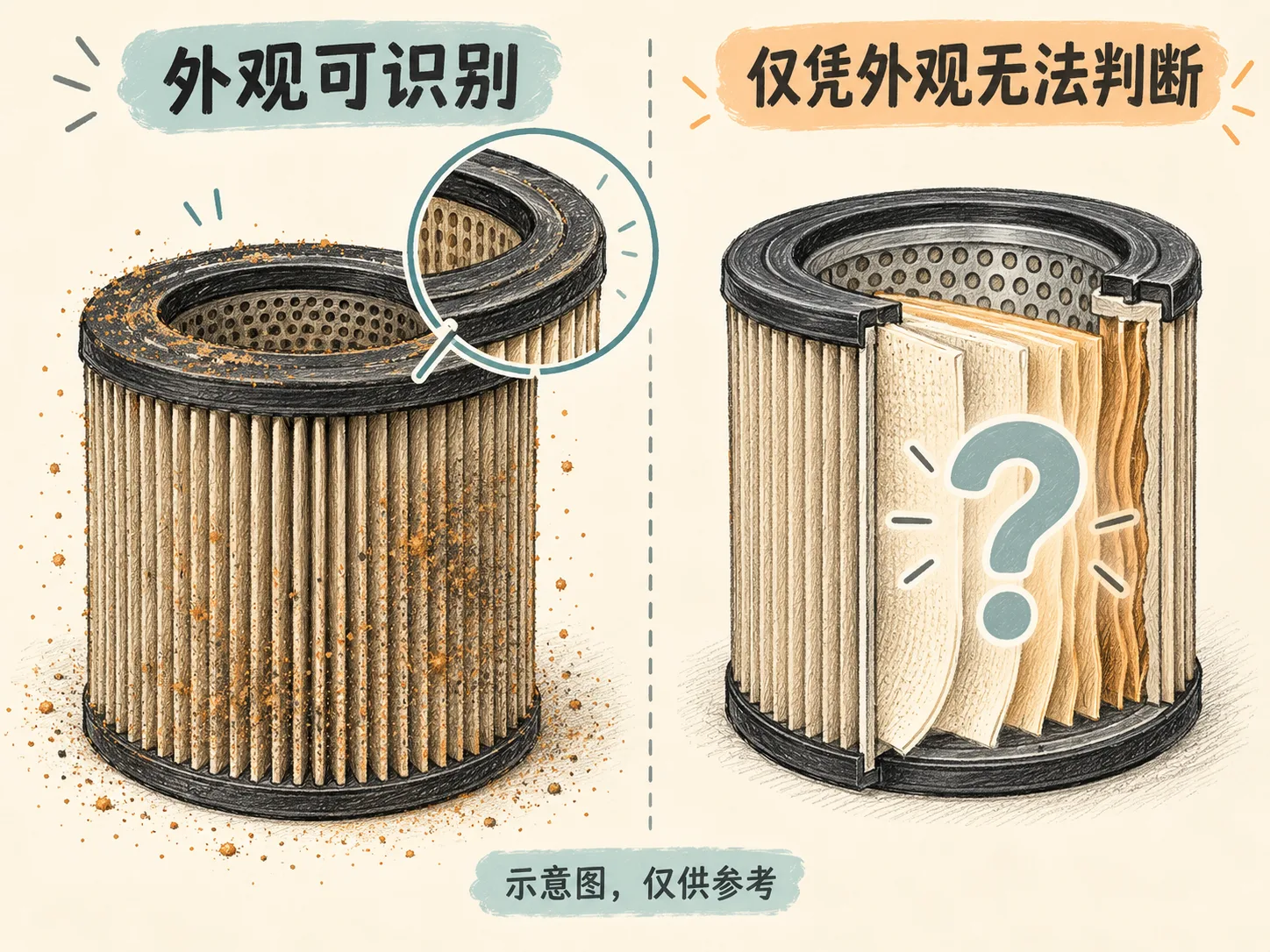 示意图：滤芯外观检查的判断边界
