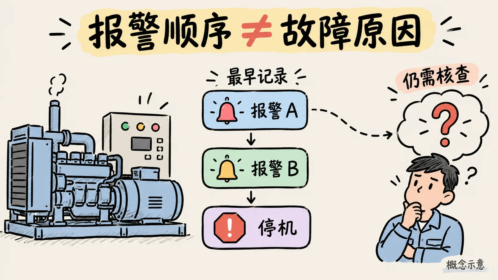 发电机组跳机后，屏幕上那一串报警该从哪里读起