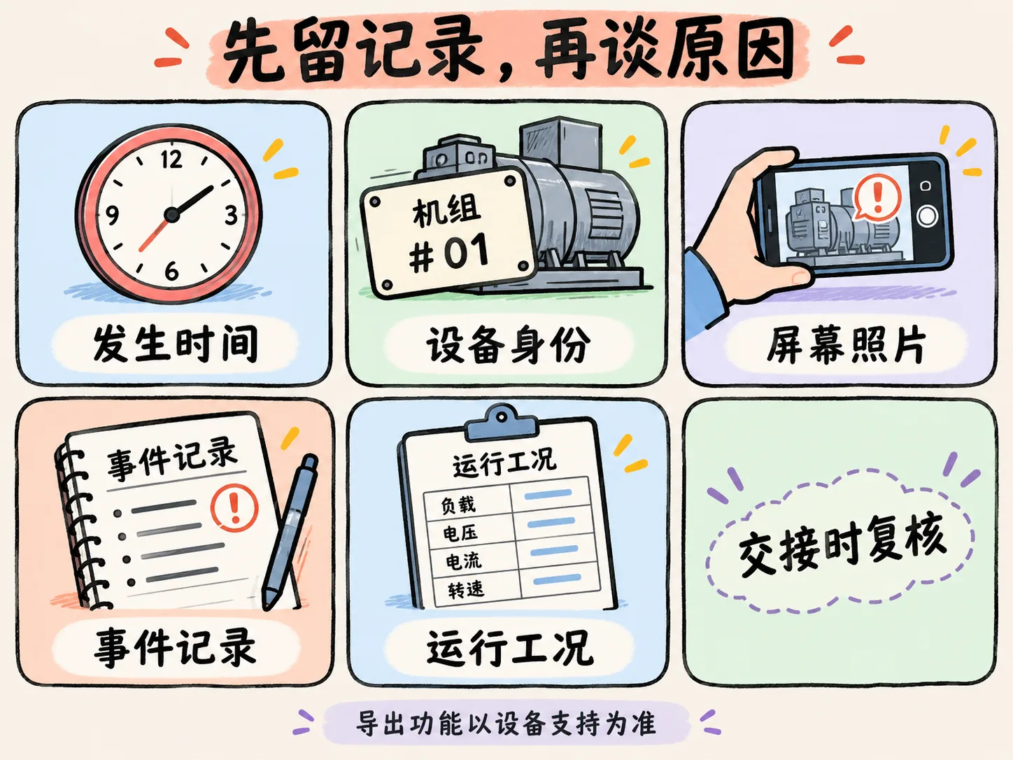 故障停机后记录发生时间、设备身份、屏幕照片、事件和工况的示意清单