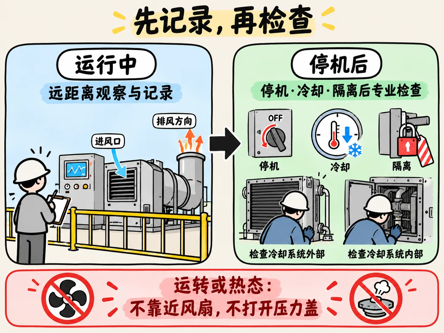 运行中远距离观察记录与停机冷却隔离后专业检查的安全边界示意