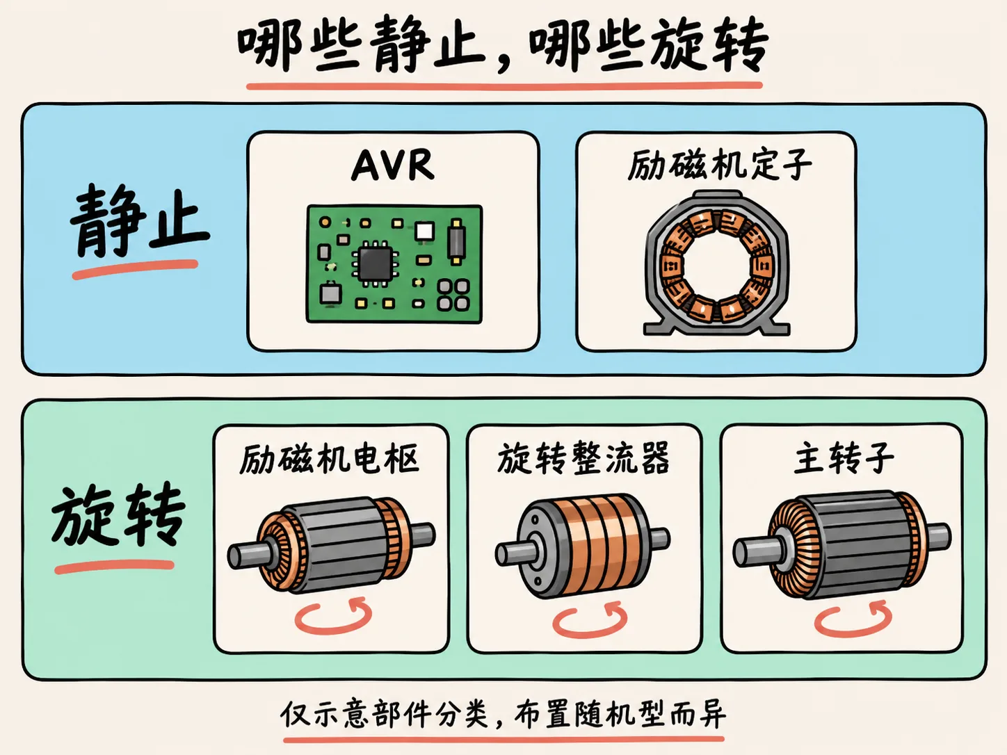 无刷励磁系统静止部件与随轴旋转部件的分类示意