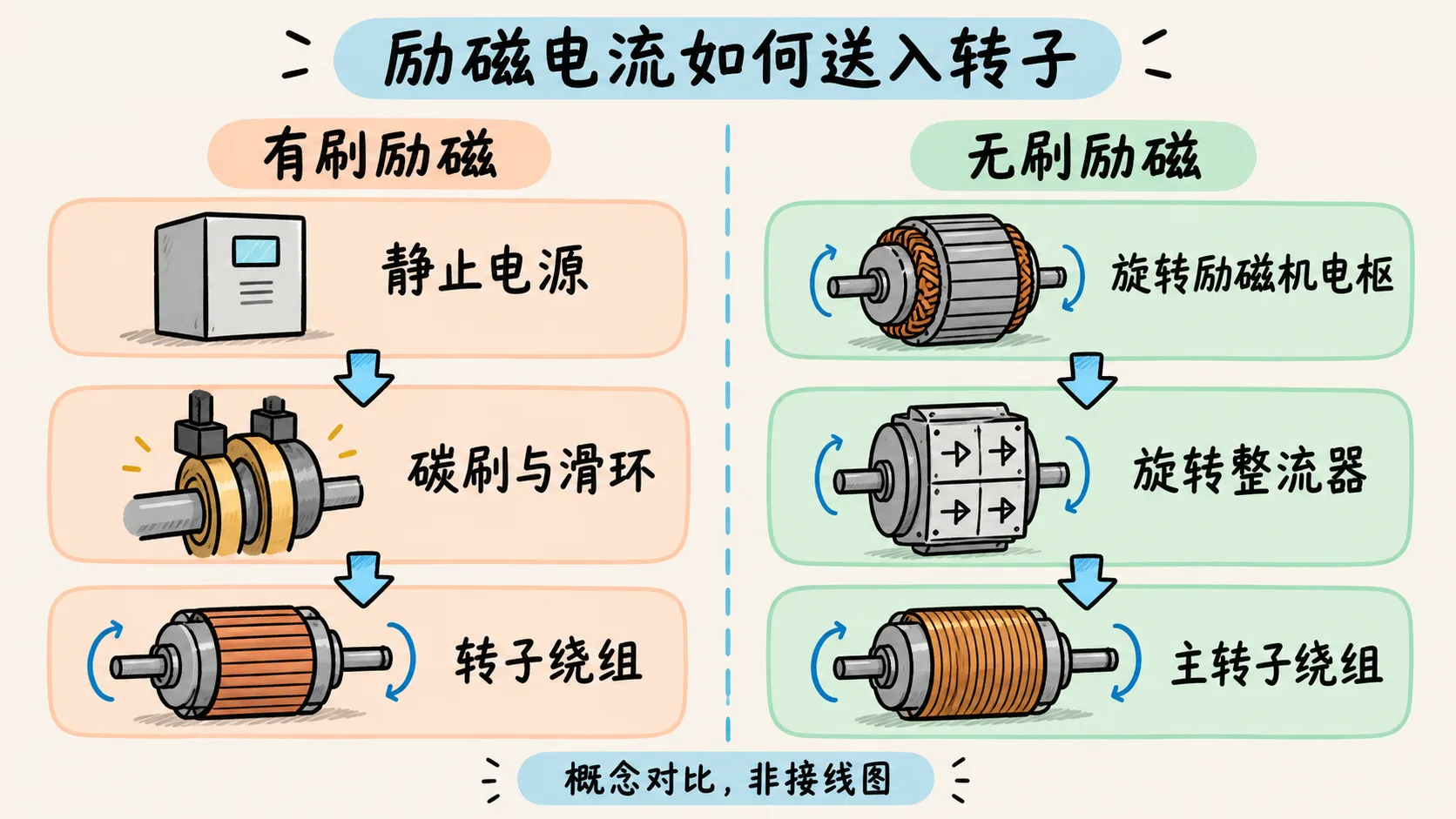 有刷与无刷励磁向转子供给电流的方式对比示意，非接线图