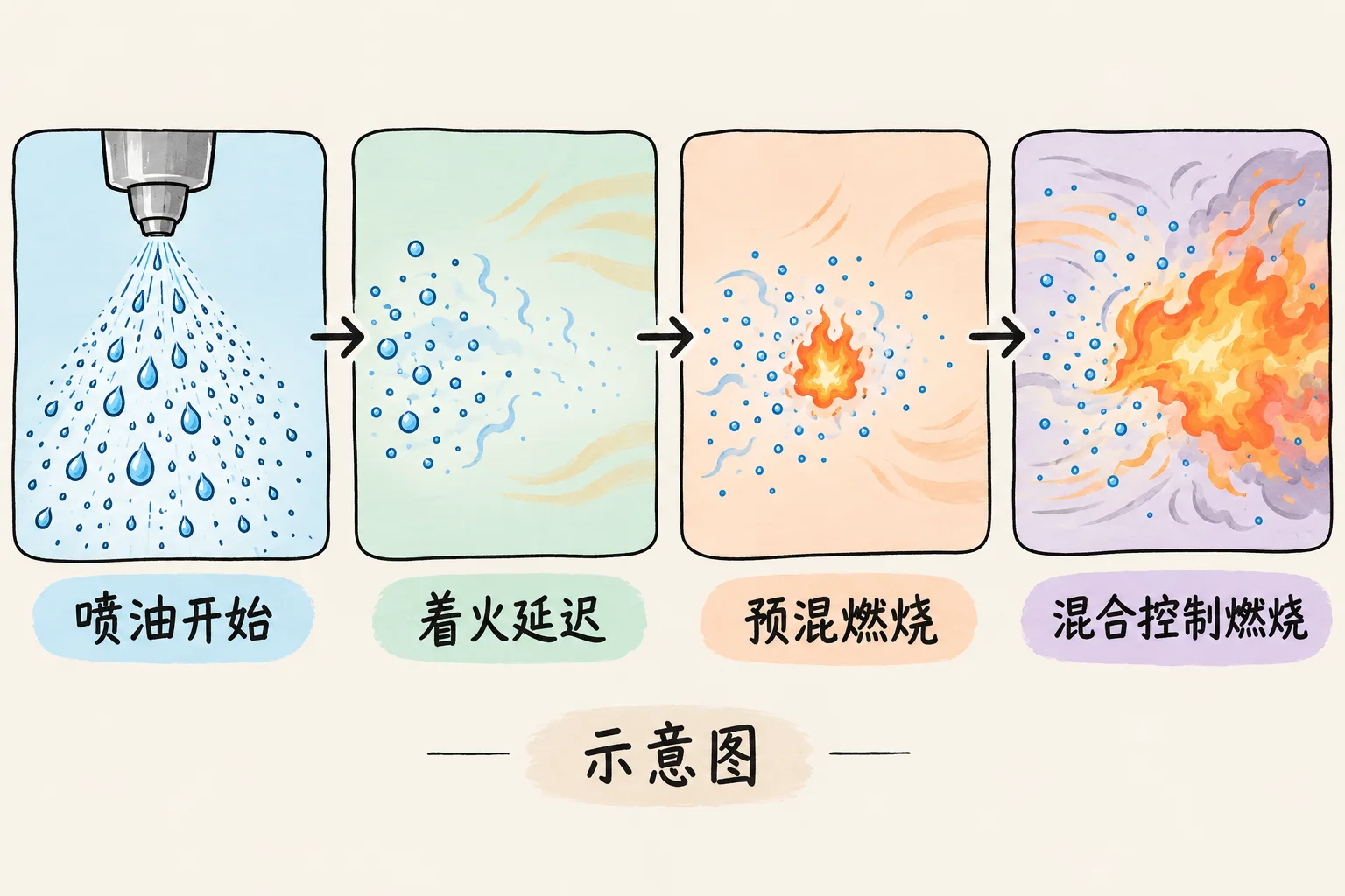 喷油、着火延迟、预混燃烧与混合控制燃烧的过程示意