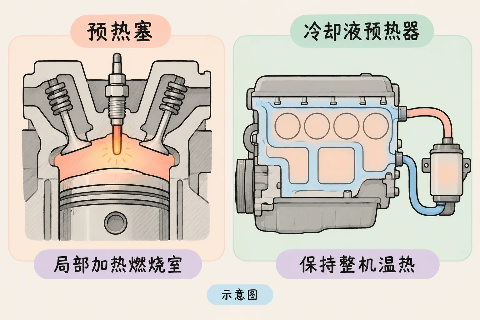 预热塞与冷却液预热器的不同加热作用示意，非安装图