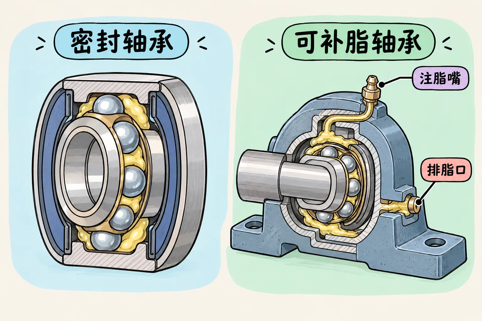 密封轴承与可补脂轴承的概念结构对比,非安装图